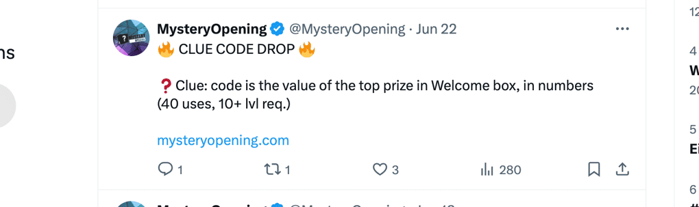 MysteryOpening's X posting a promo code