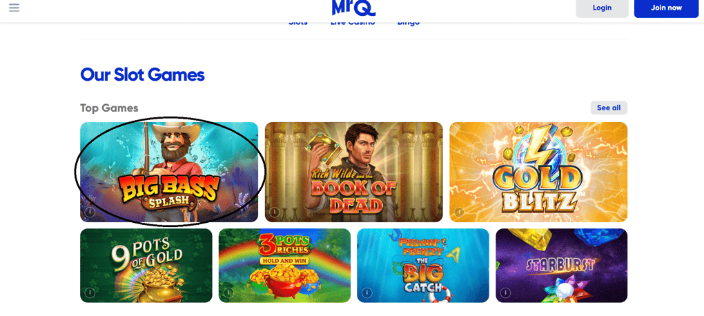 MrQ Bingo homepage displaying the "Big Bass Splash" promotion