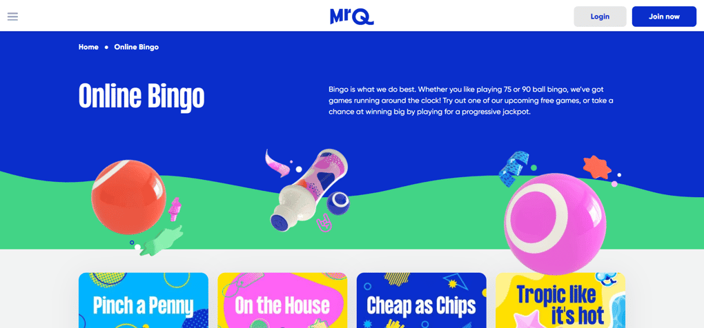 Initial screen of the MrQ Bingo app showing vibrant and modern look