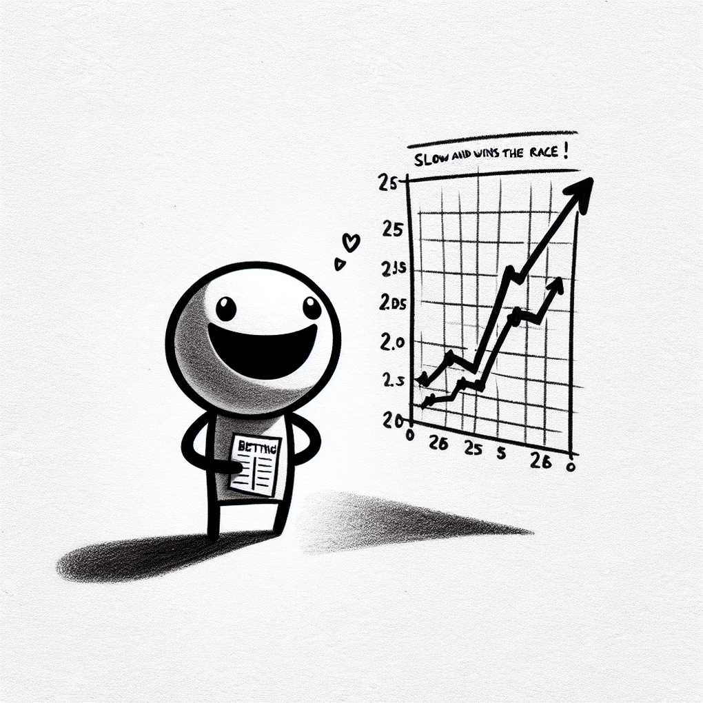 A GRAPH SHOWING AN UPWARD TREND OVER TIME WITH SOME DIPS, LABELED "CONSISTENT BETTING"