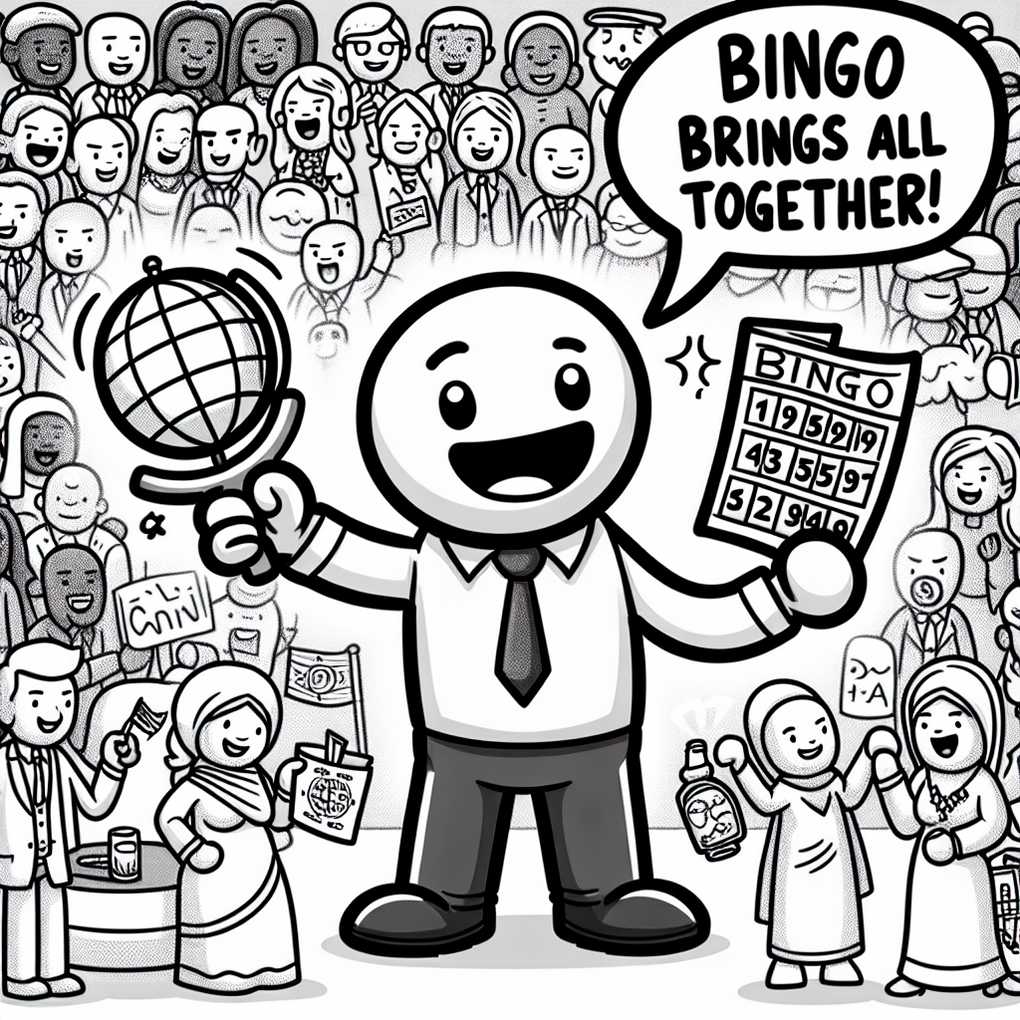 A humorous sketch showing the global reach of online bingo with people from different countries connecting through a game