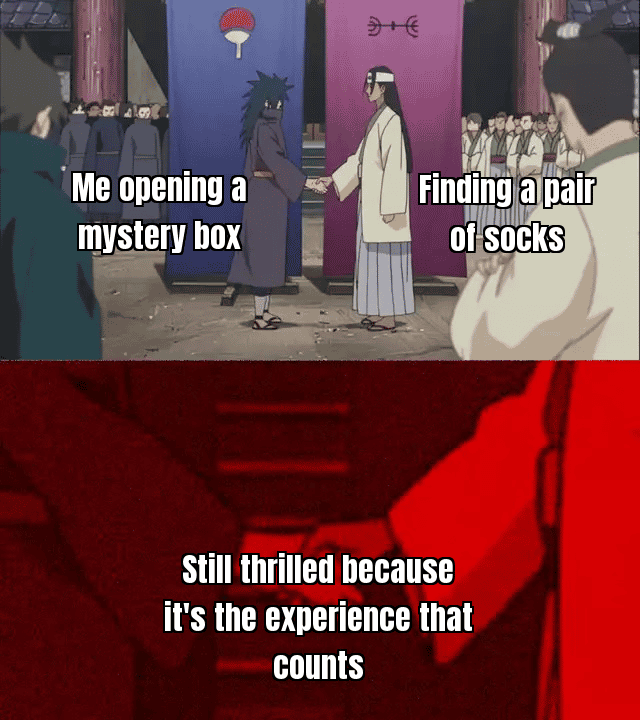 A meme about the unexpected joy of finding random items in a mystery box. Idea: A person opening a box and finding socks, but still looking thrilled.