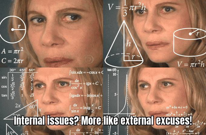 A meme showing a confused person with the caption "Internal issues? More like external excuses!"