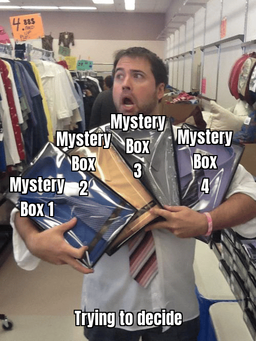 A meme showing someone overwhelmed with choice, captioned "When you have 200+ mystery box themes to choose from"