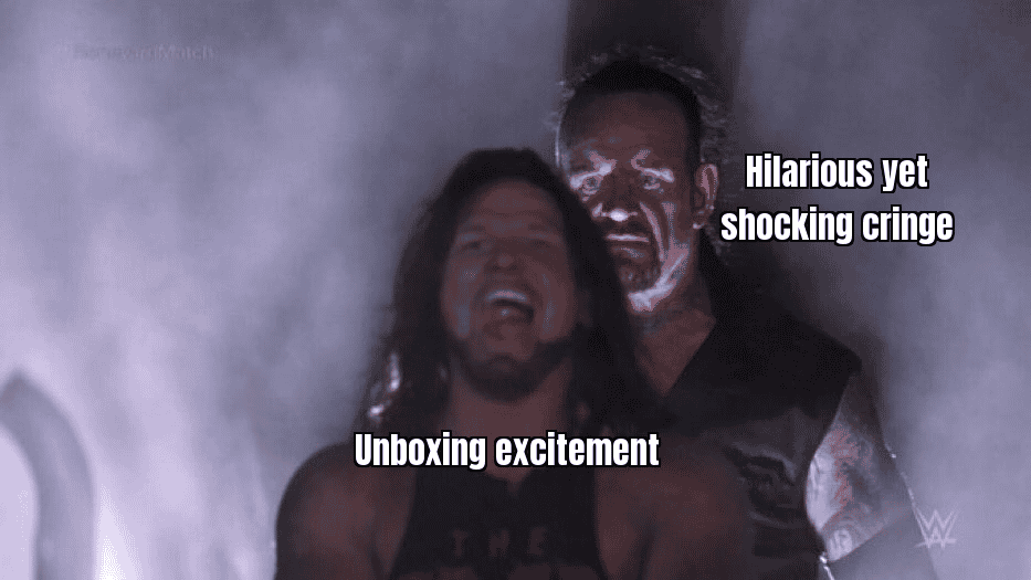 A meme showing the excitement of unboxing with a funny reaction image
