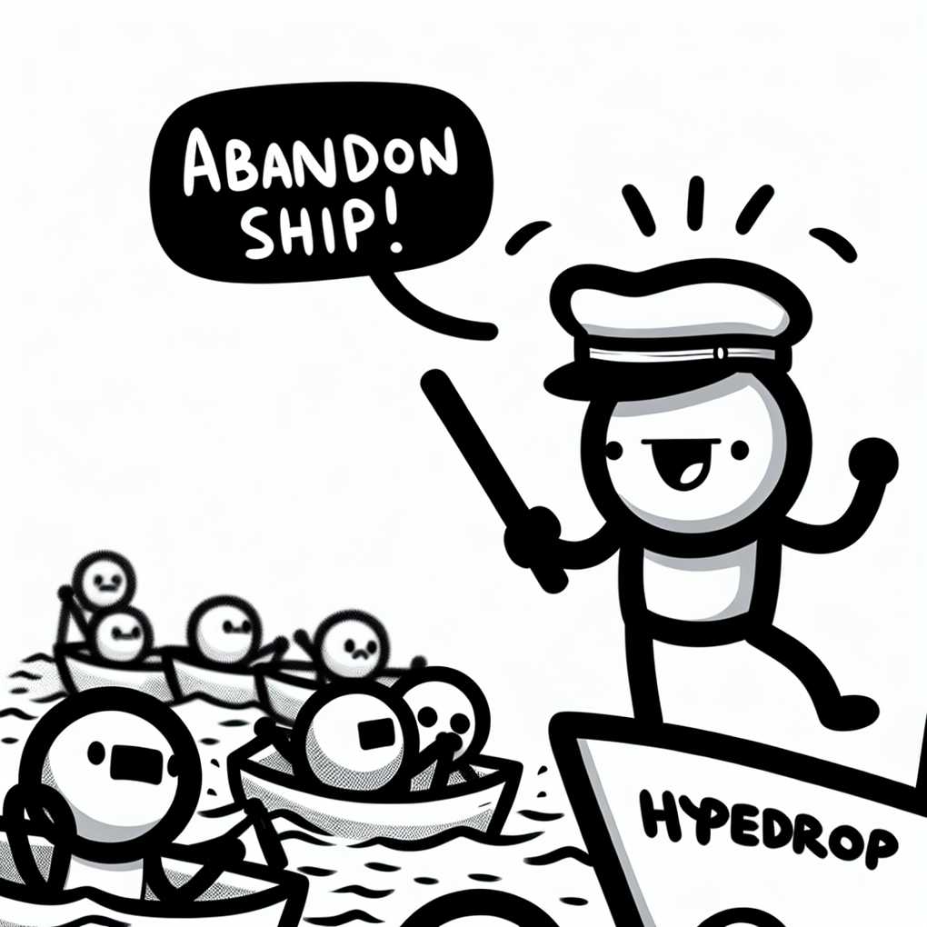 A ship sinking labeled "HypeDrop" with users trying to escape on lifeboats