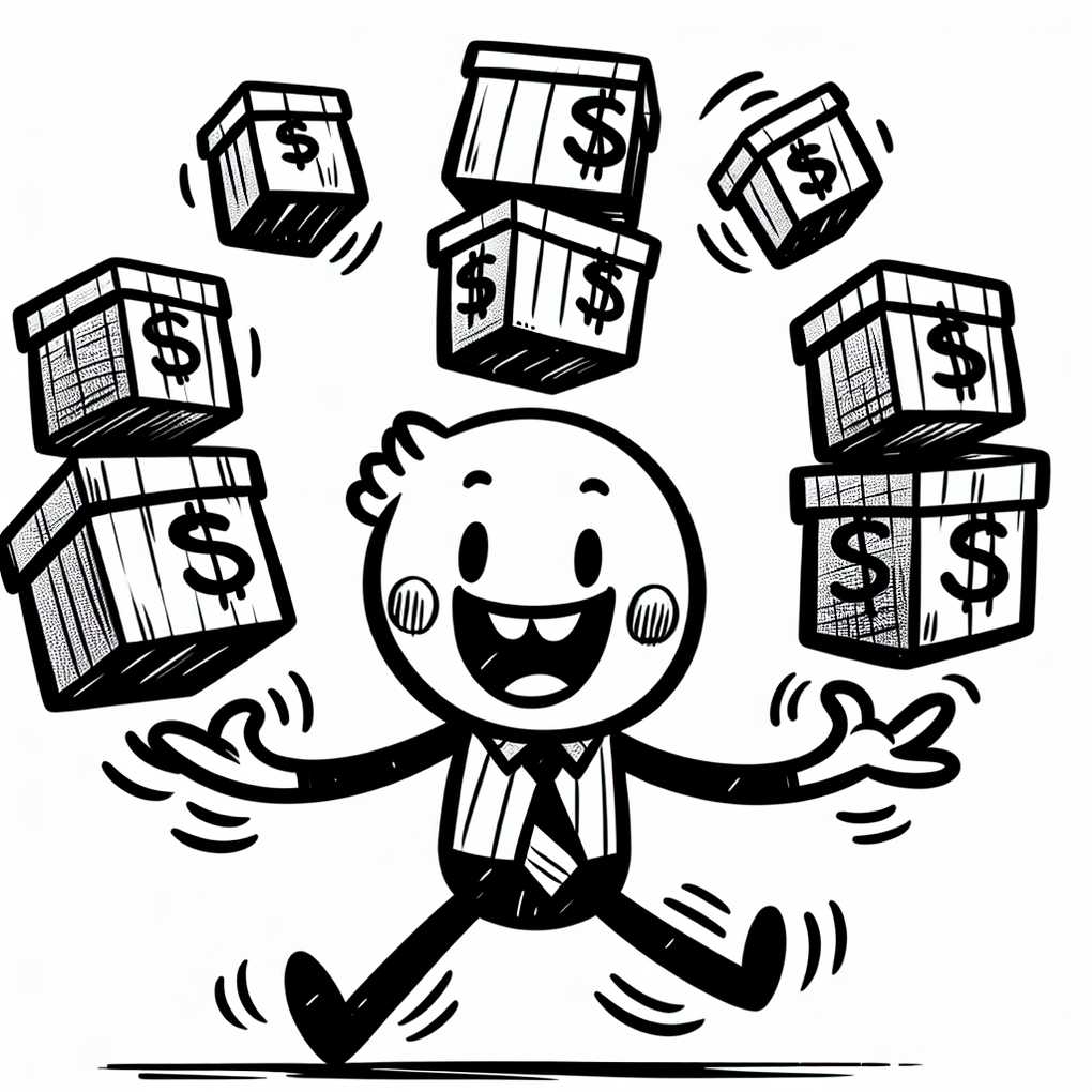 A simple drawing of a person juggling multiple mystery boxes with dollar signs on them, adding humor
