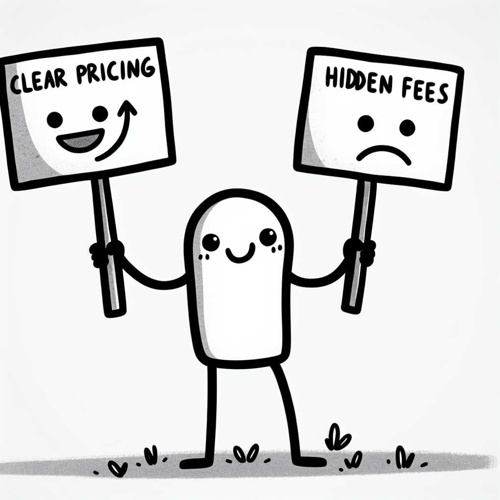 A simple drawing of clear and hidden fees comparing to tech mystery box sites