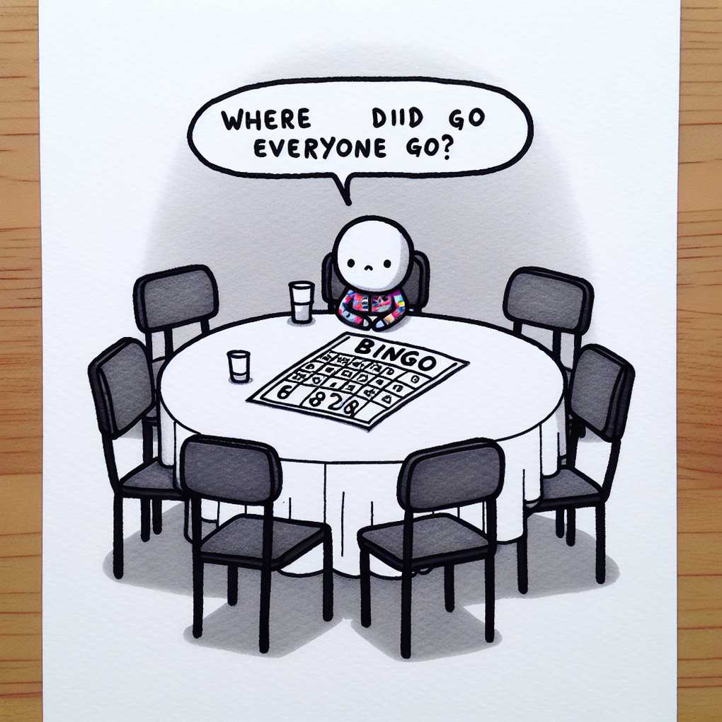 A simple drawing of someone playing bingo in pajamas with fewer competitors around