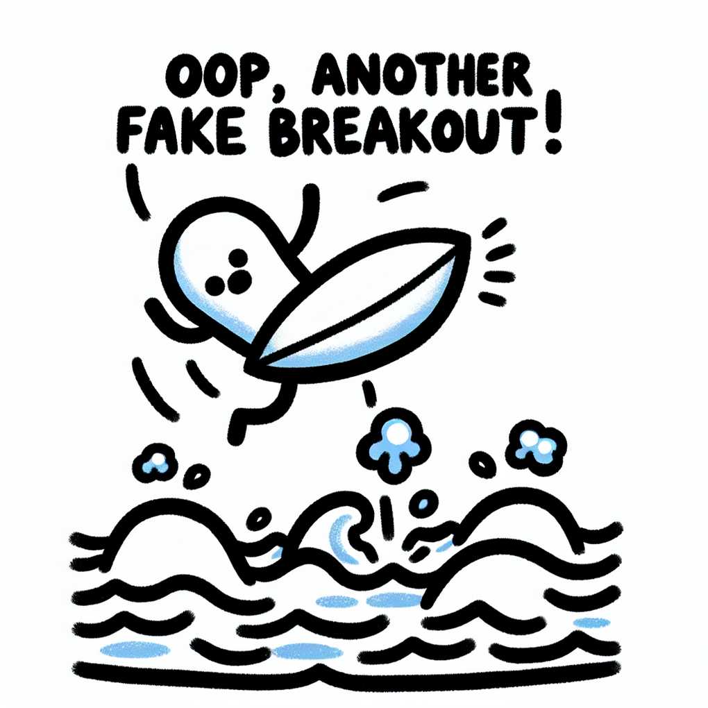 DRAWING OF A TRADER FALLING OFF A SURFBOARD INTO TROUBLED WATERS REPRESENTING FAKE BREAKOUTS