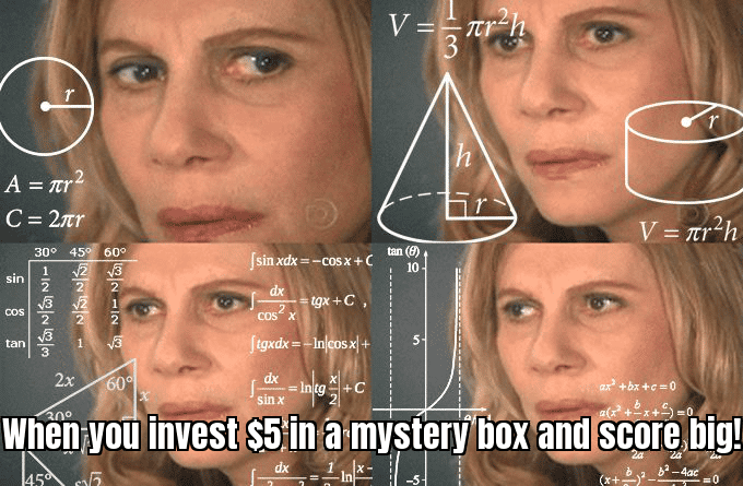 Meme of a person surrounded by amazing items from a mystery box, with a caption about scoring big with little investment