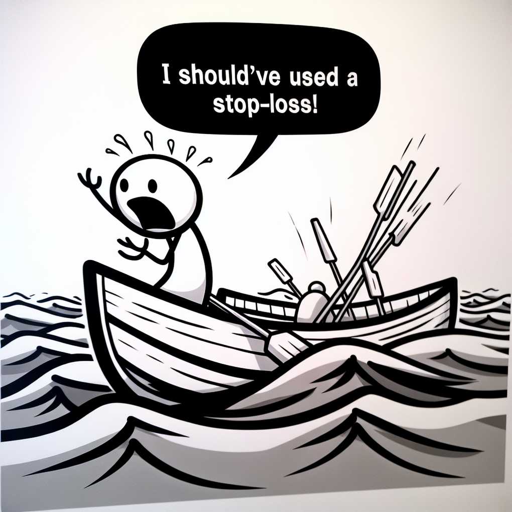 Not using stop-losses is like not wearing a life jacket in a storm - a sketch showing a trader without a life jacket in choppy waters