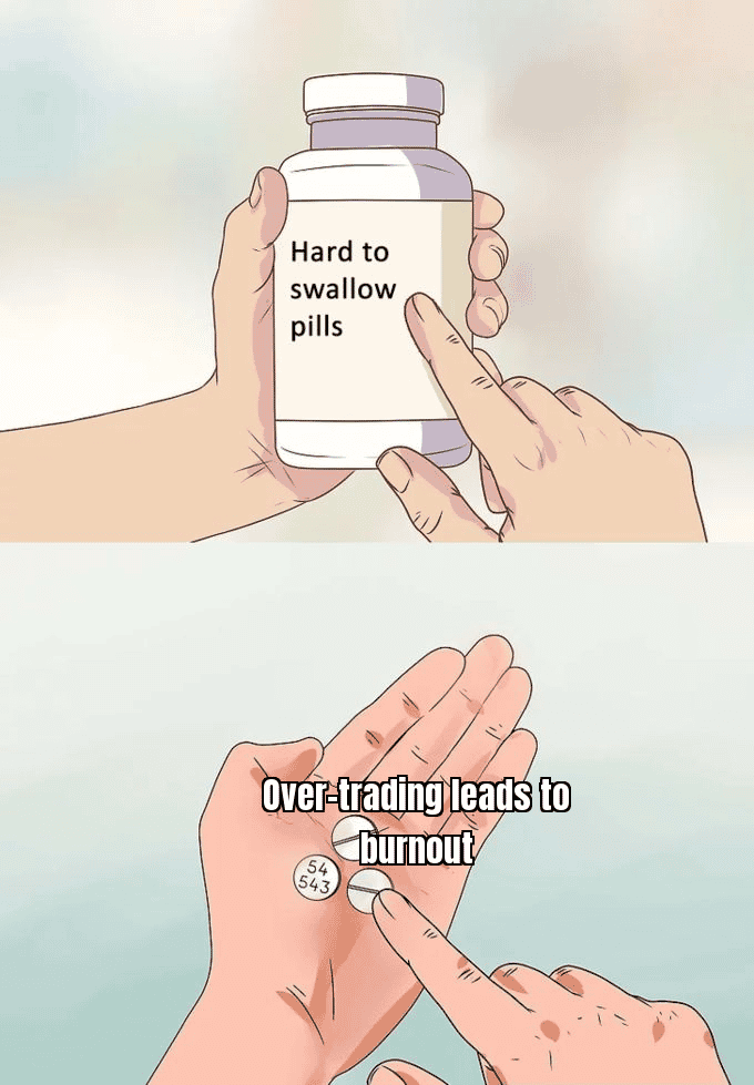 Over-trading can lead to exhaustion - a meme showing a trader frantically chasing signals with the caption "Chasing every signal like..."