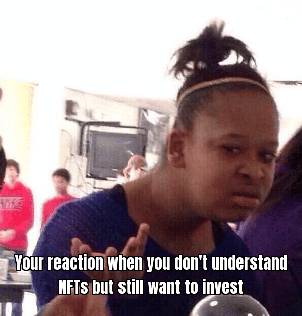 Person looking confused at a computer screen with the caption "When you don’t understand NFTs but still want to invest"