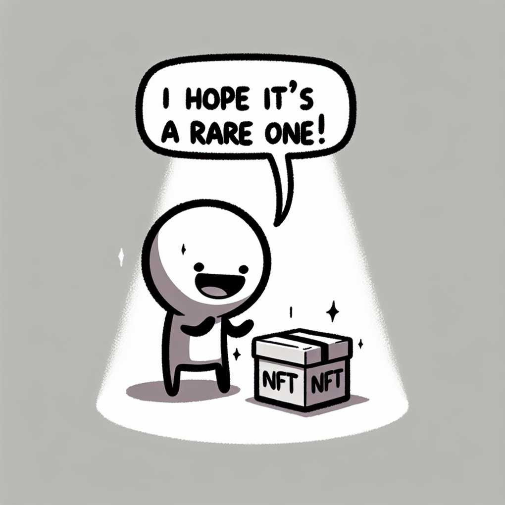Simple drawing of a person excitedly opening a mystery box marked with "NFT"