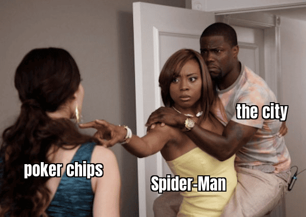 Spider-Man looking at poker chips with the caption "From saving the city to saving his stack"