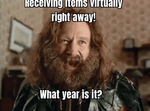 User celebrating instant receipt of virtual items (e.g., "Success Kid" meme with caption "Instant Virtual Delivery!")