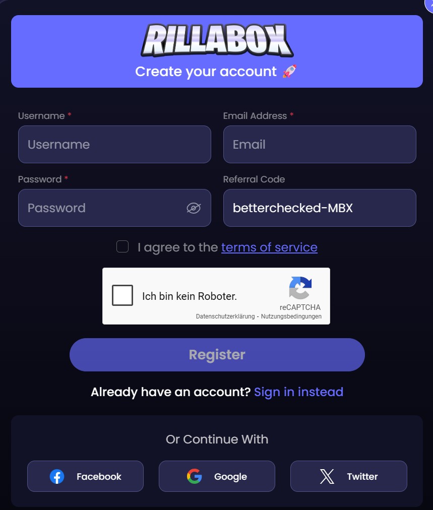 RillaBox Create your account form with the referral code field showing betterchecked-MBX