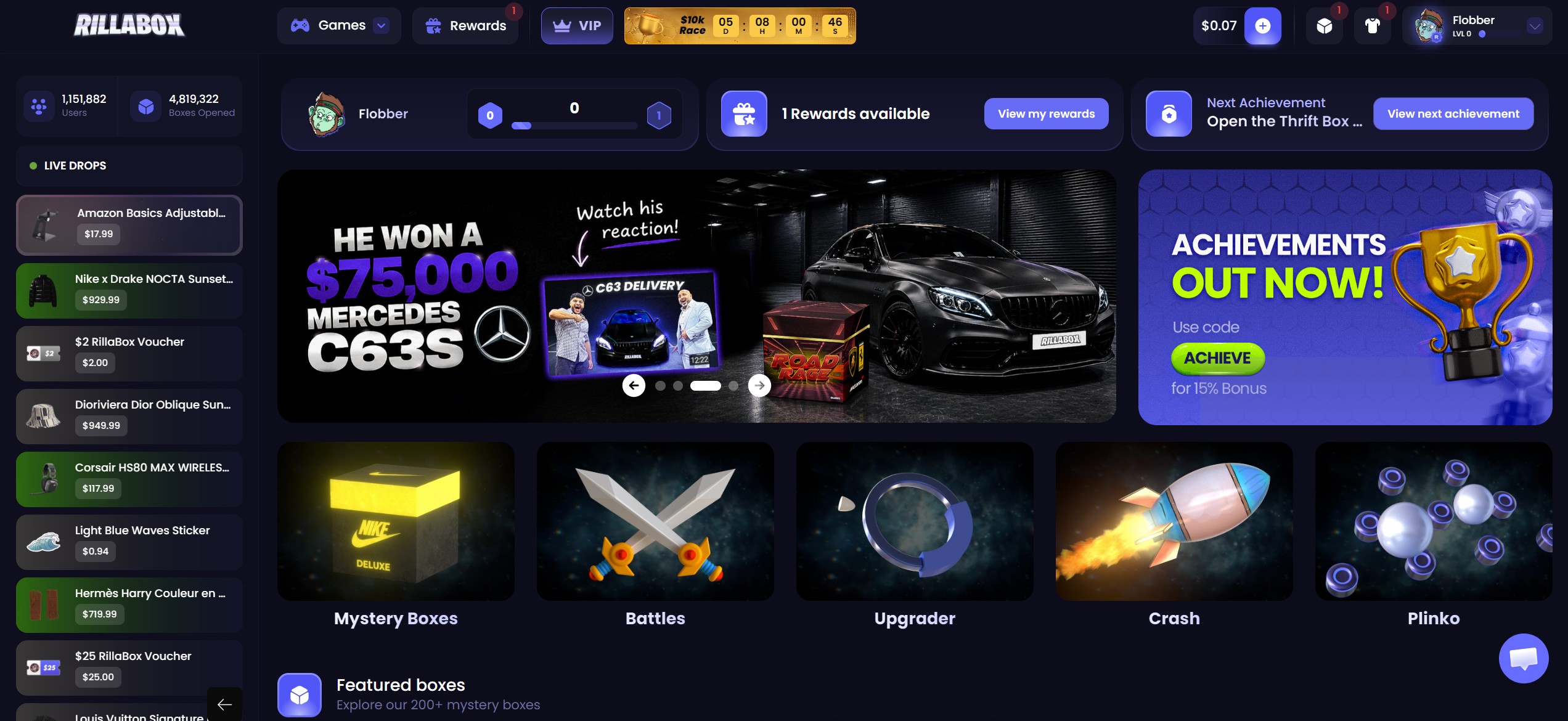 RillaBox home page with the $10k weekly race timer, 1,151,882 users, Mystery Boxes, Battles, Upgrader, Crash and Plinko