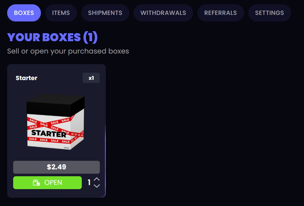 RillaBox Your Boxes tab after sign-up: one free Starter box worth $2.49 ready to open