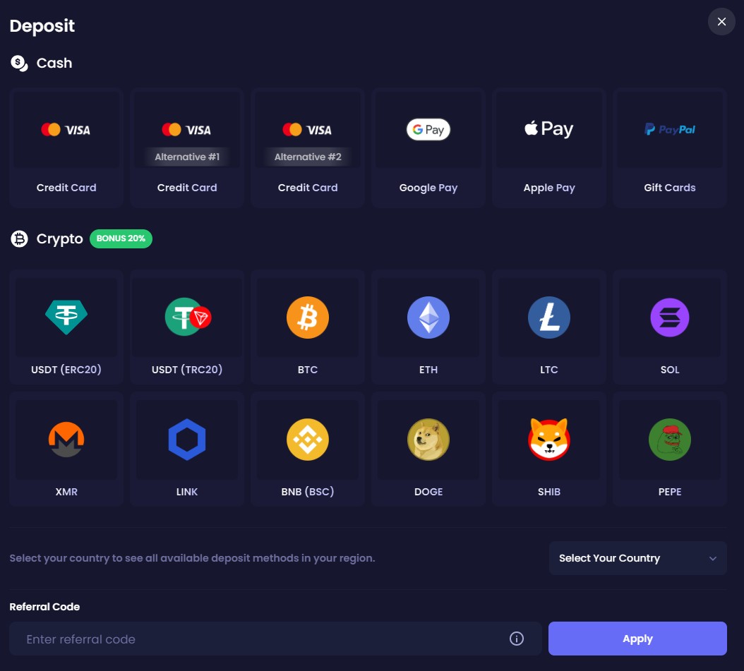 RillaBox deposit window: card, Google Pay, Apple Pay, gift cards and crypto with 20% bonus, referral code field below