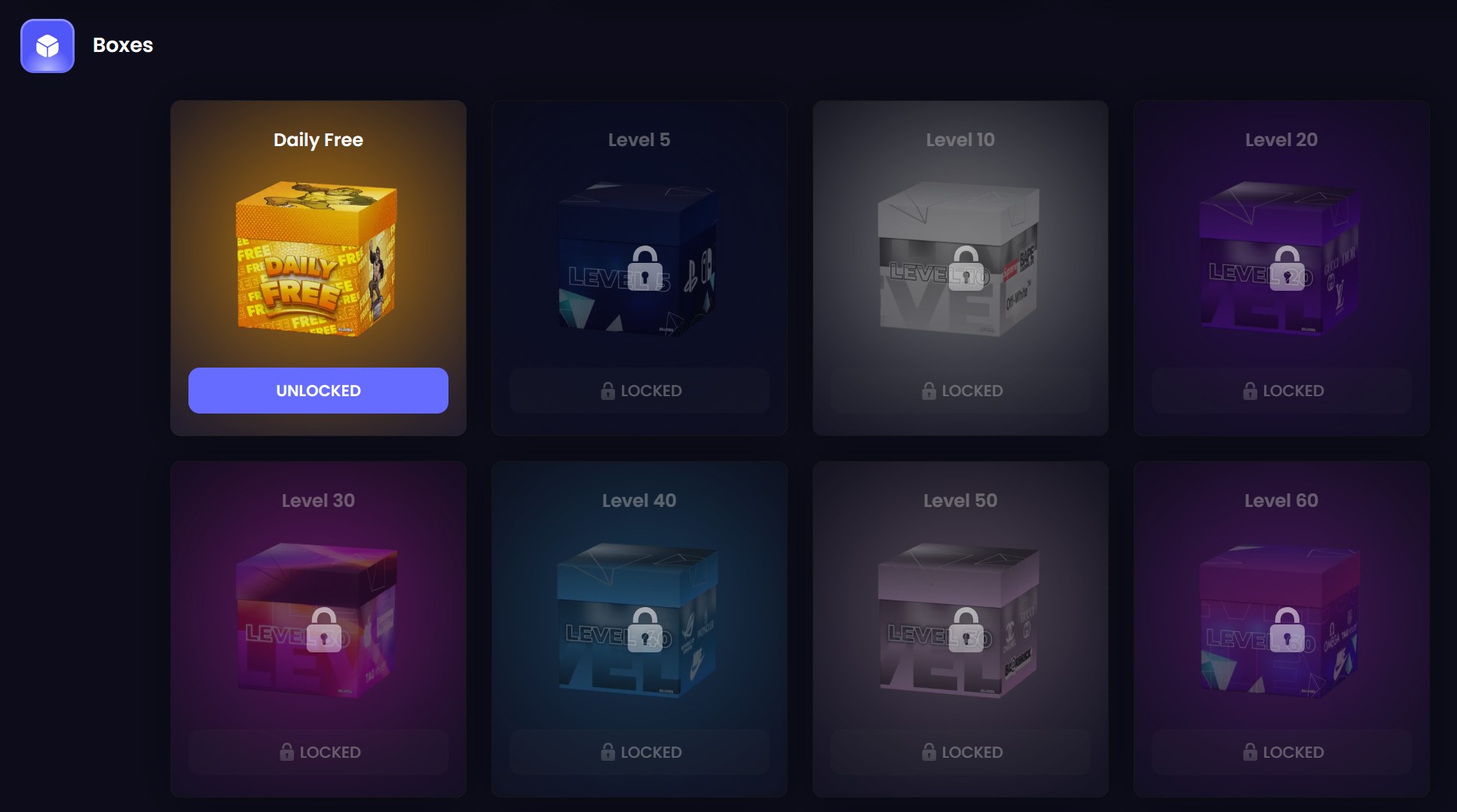 RillaBox Boxes rewards grid: Daily Free box unlocked, level 5 to level 60 boxes locked