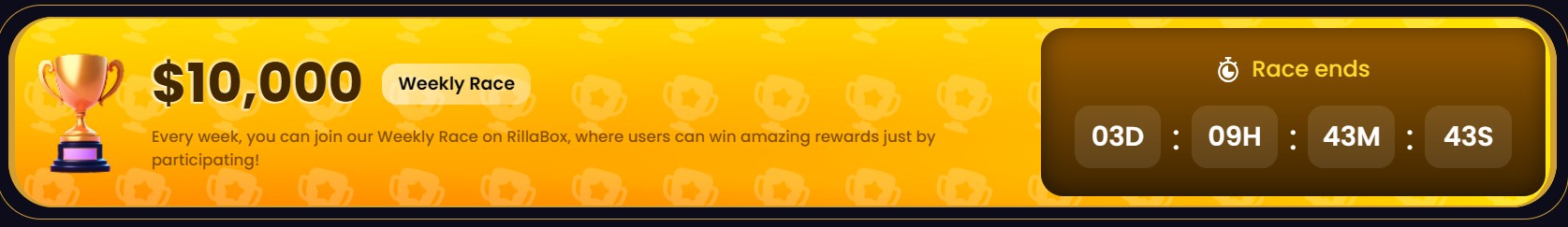 RillaBox $10,000 Weekly Race banner with the race-ends countdown
